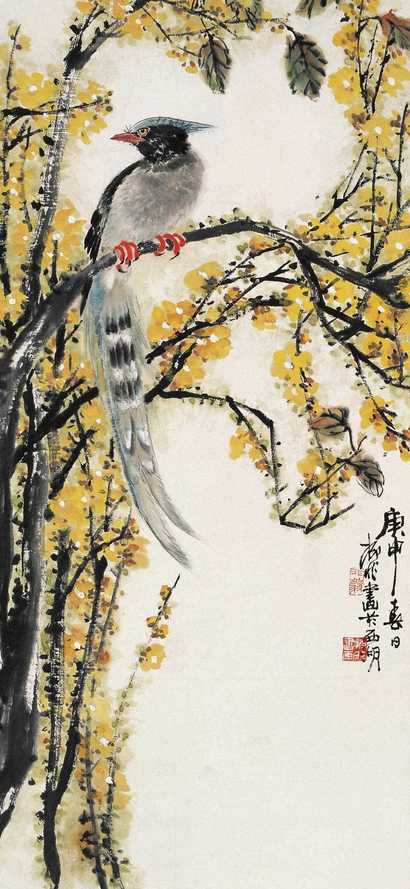 陆抑非 腊梅寿带图 立轴